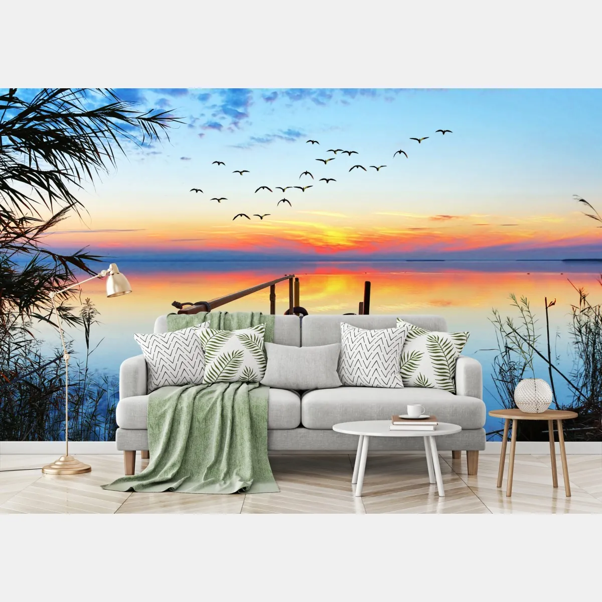 Fototapete steg bei sonnenuntergang über ruhigem see – Wallnifity®