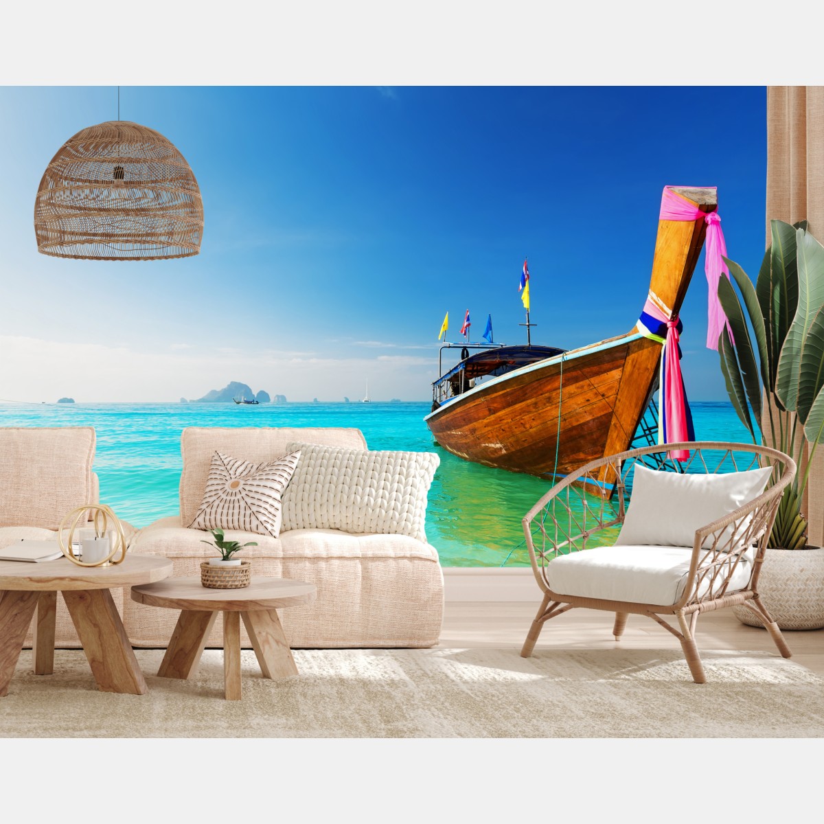 Fototapete langheckboot am türkisfarbenen strand, Andamanensee – Wallnifity®