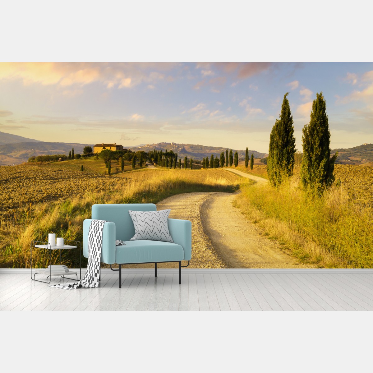 Fototapete goldene landstraße zwischen zypressen – Wallnifity®