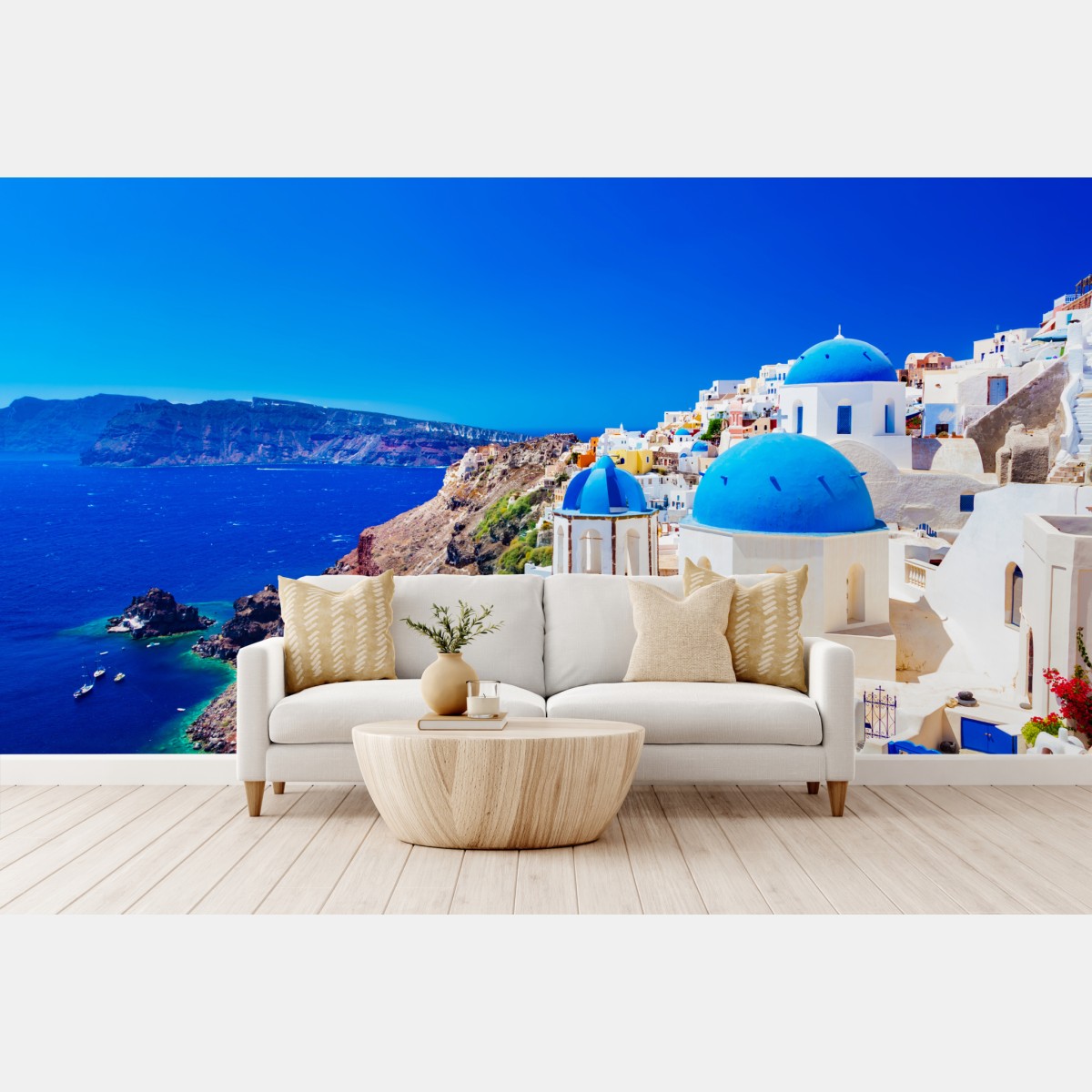 Fototapete Santorini blaue kuppeln über dem Ägäischen Meer – Wallnifity®