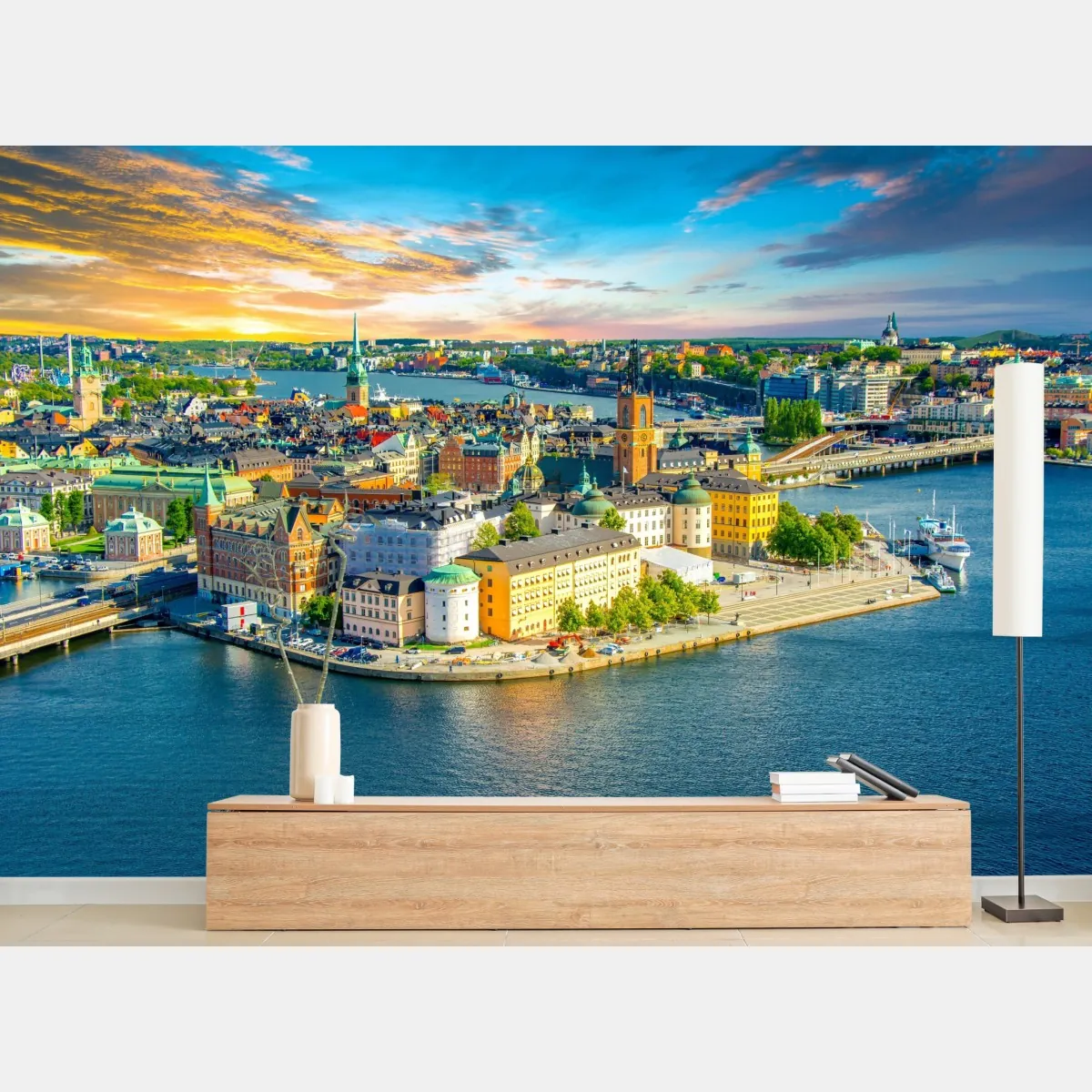 Fototapete lebendige stadtansicht von Stockholm bei sonnenuntergang – Wallnifity®