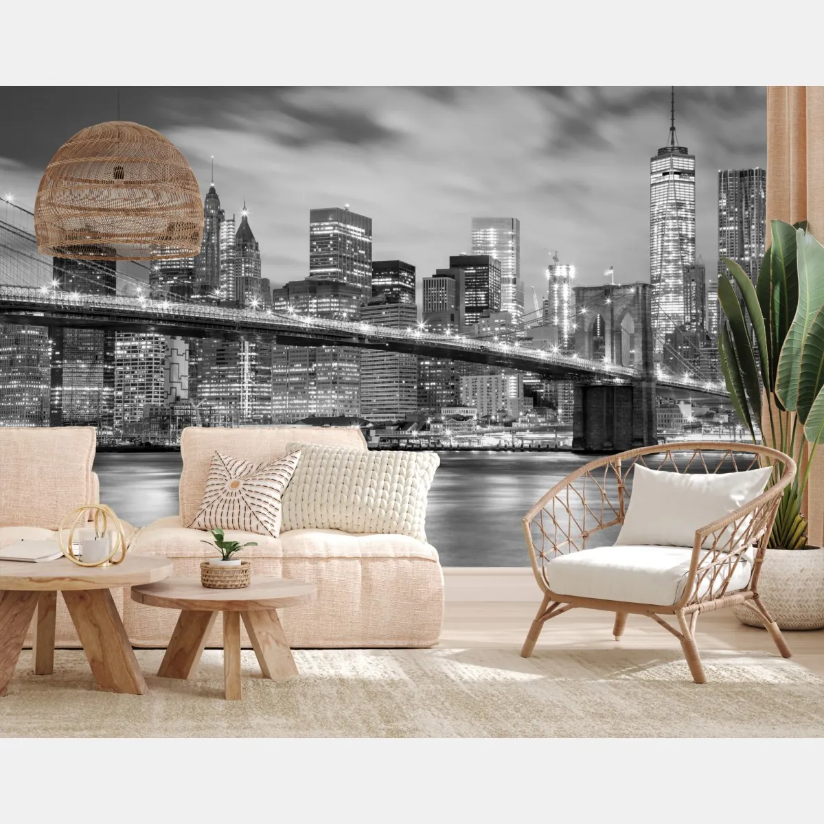Fototapete schwarzweiß skyline von New York mit Brooklyn Bridge – Wallnifity®