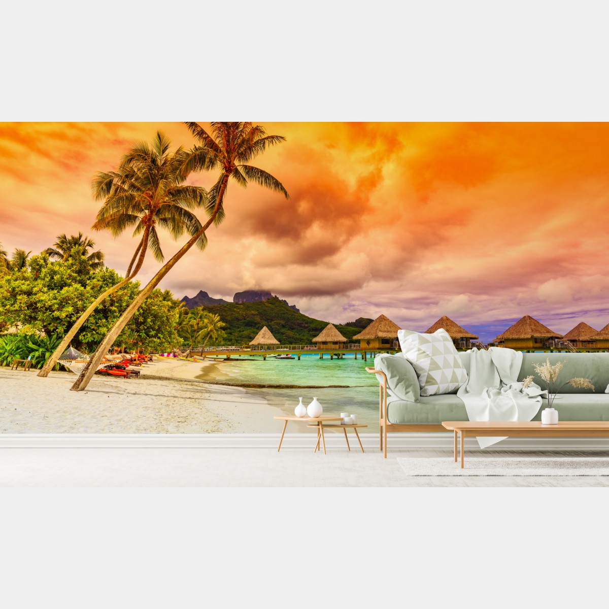 Fototapete sonnenuntergang in Bora Bora über wasserbungalows – Wallnifity®