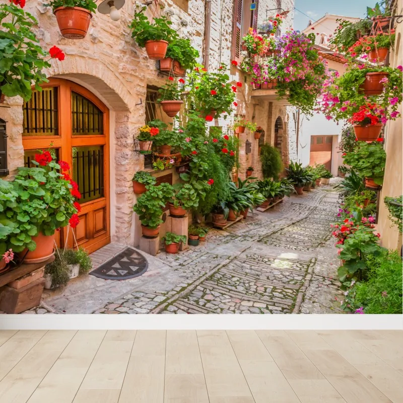 Fototapete sonnige gasse in Italien mit blühenden töpfen