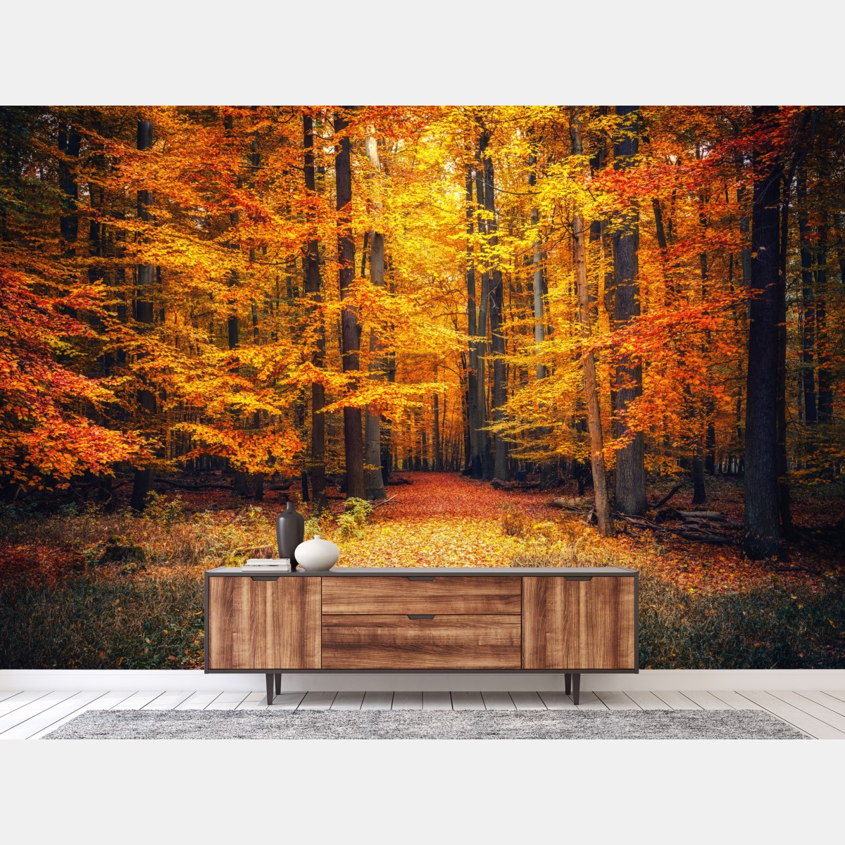 Fototapete herbstlicher waldpfad mit goldenen blättern – Wallnifity®