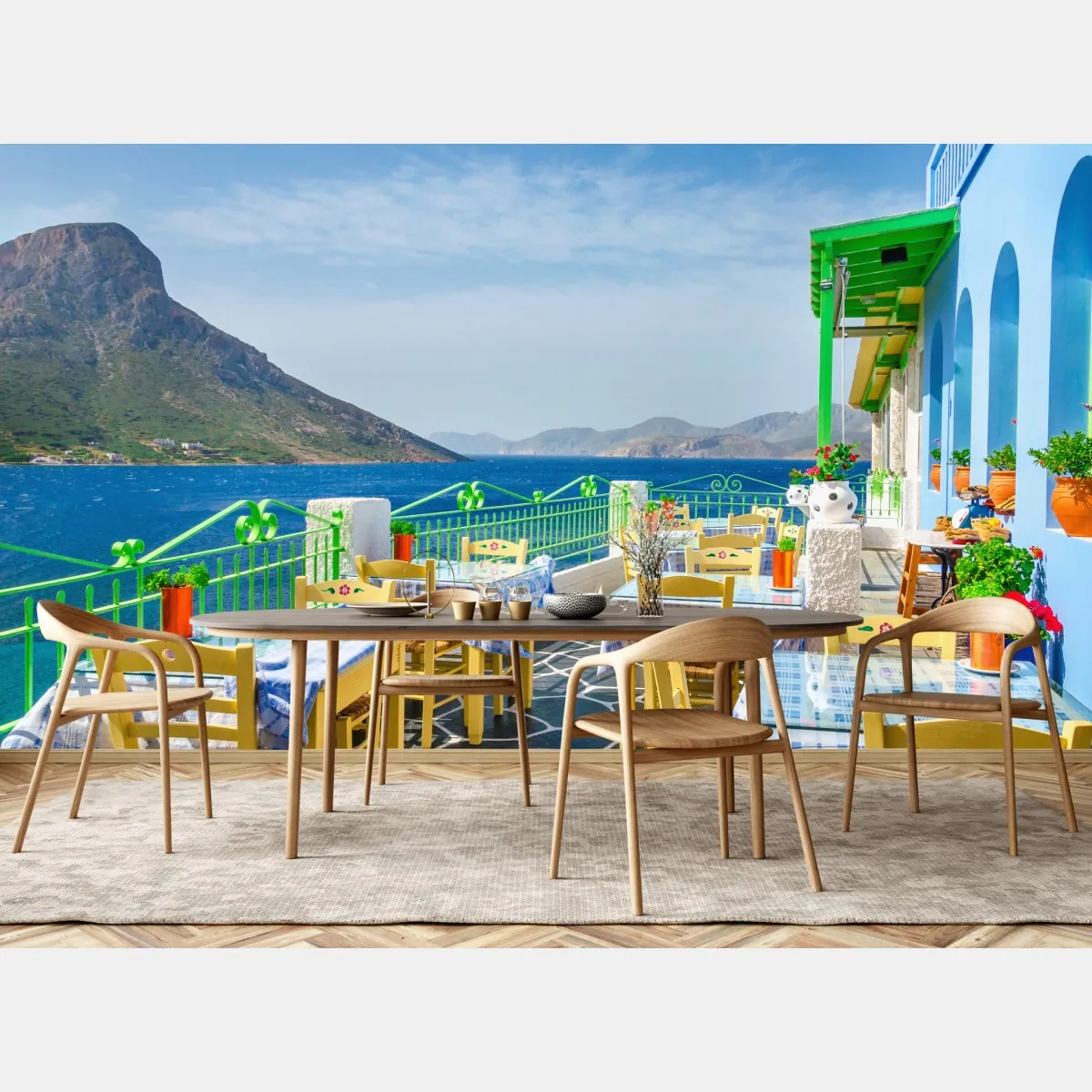Fototapete sonnige terrasse am meer mit küstenblick – Wallnifity®