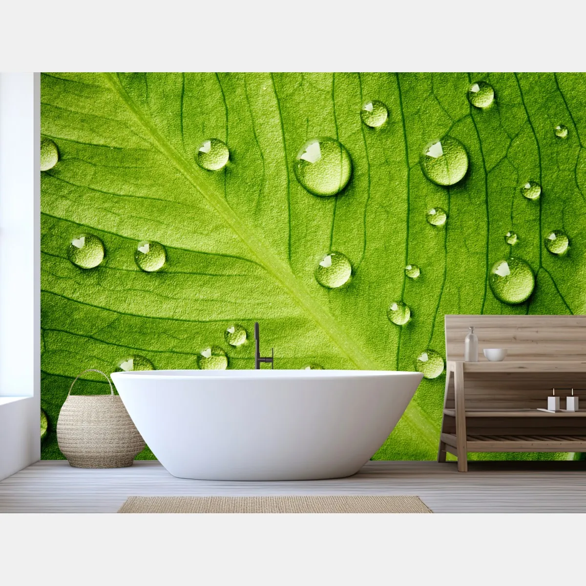 Fototapete frisches grünes blatt mit wassertropfen – Wallnifity®