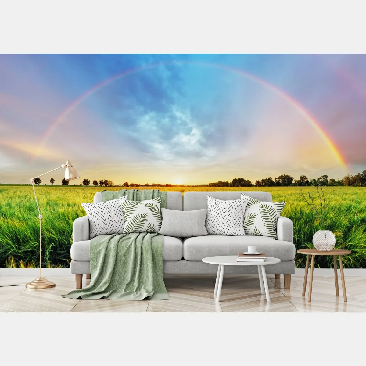 Fototapete regenbogen über goldenem weizenfeld bei sonnenuntergang – Wallnifity®