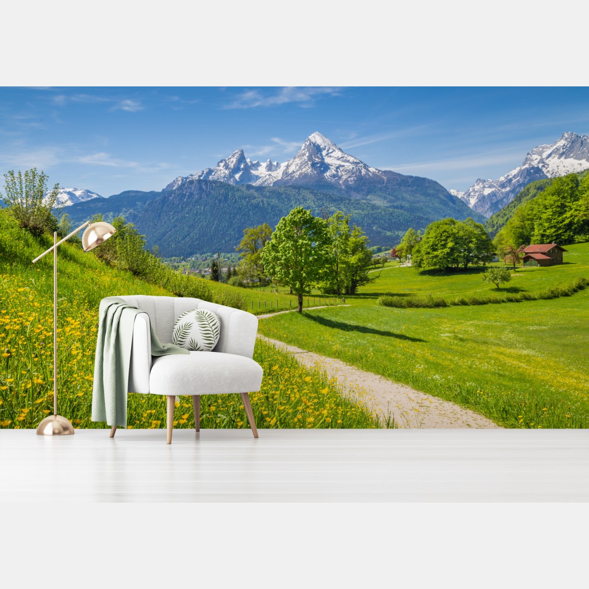Fototapete alpine frühlingswiese mit schneebedeckten gipfeln – Wallnifity®