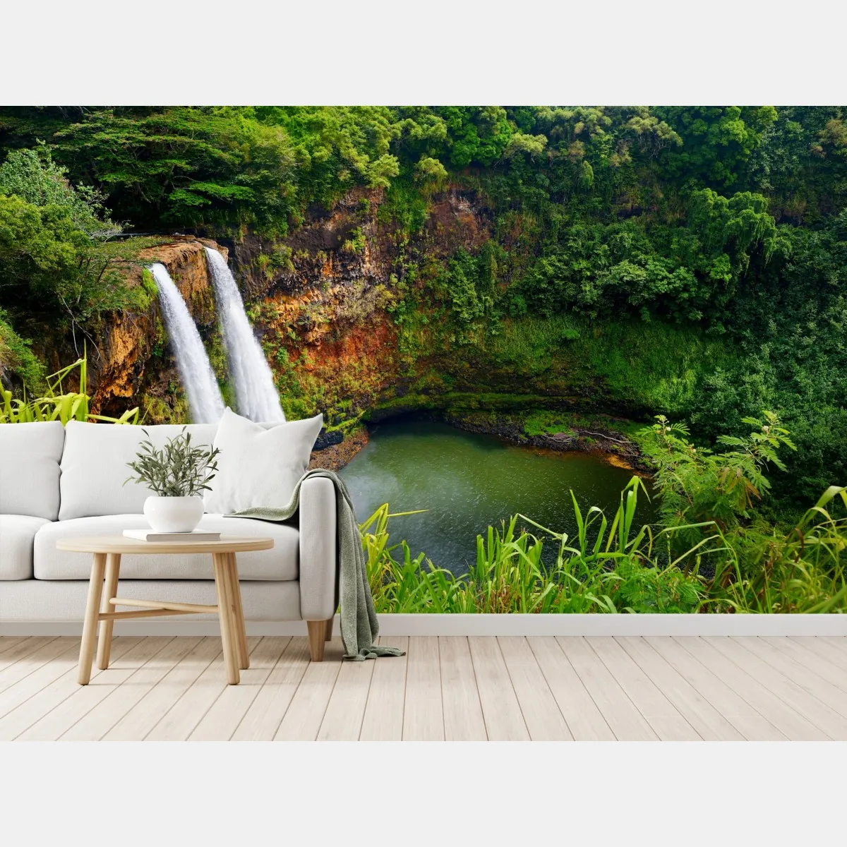 Fototapete doppelter wasserfall im üppig grünen wald – Wallnifity®
