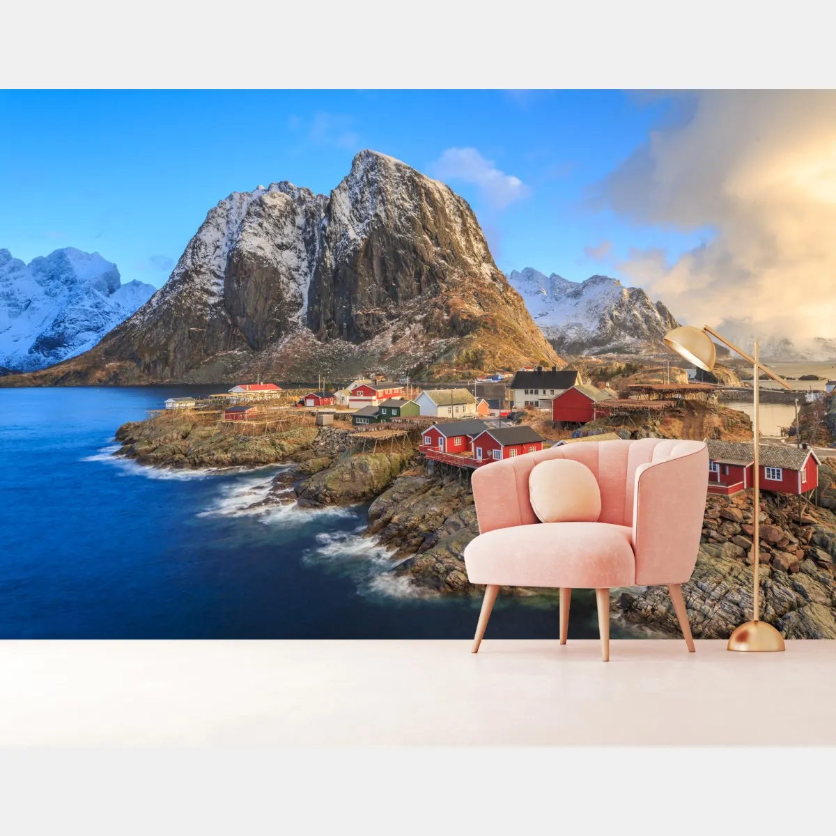 Fototapete küstendorf in Norwegen mit roten fischerhütten – Wallnifity®