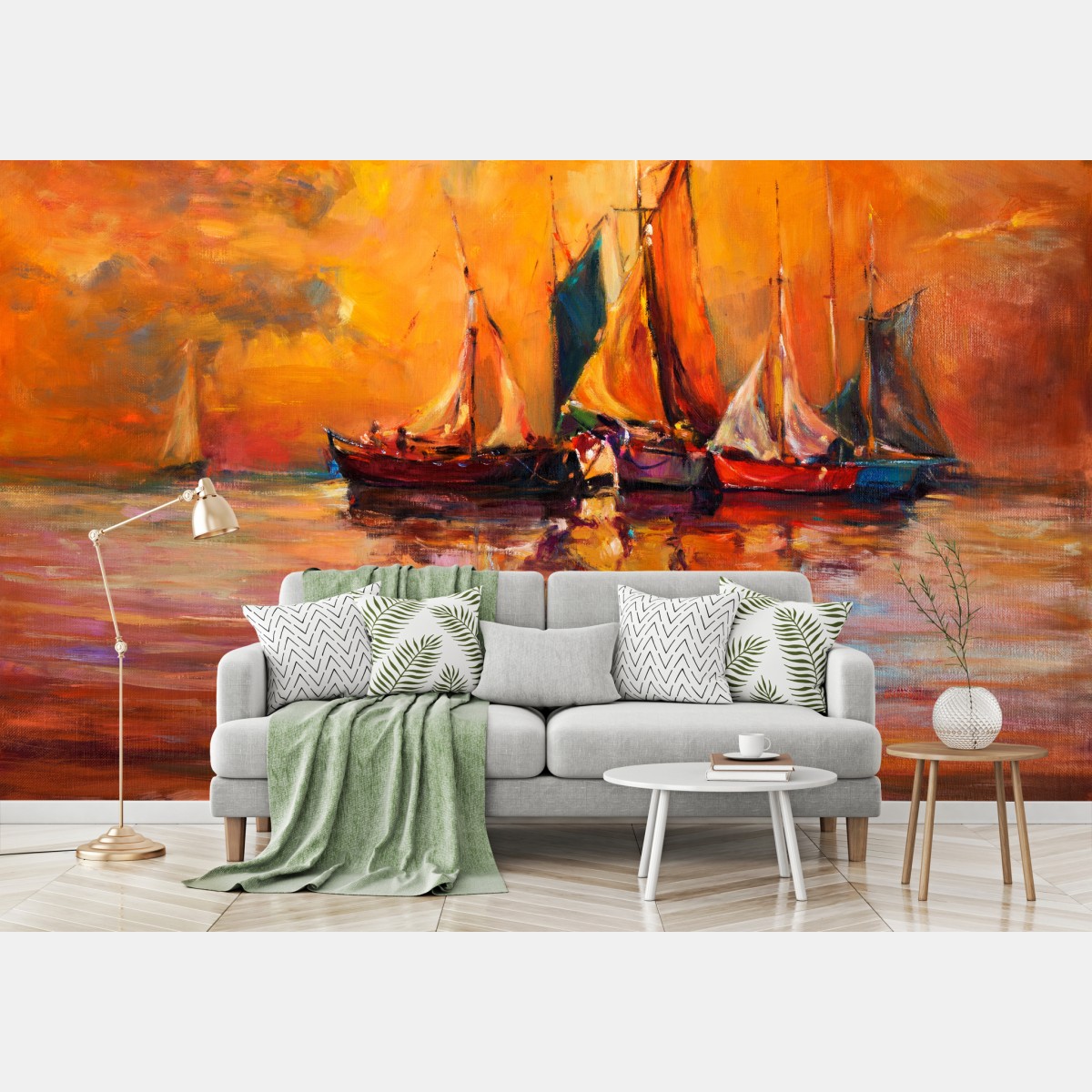 Fototapete goldener sonnenuntergang mit segelbooten – Wallnifity®