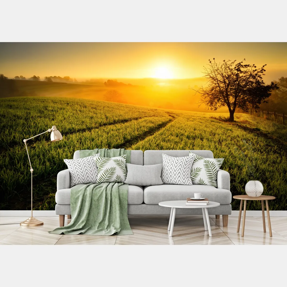 Fototapete sonnenbeschienene wiese im frühlicht – Wallnifity®
