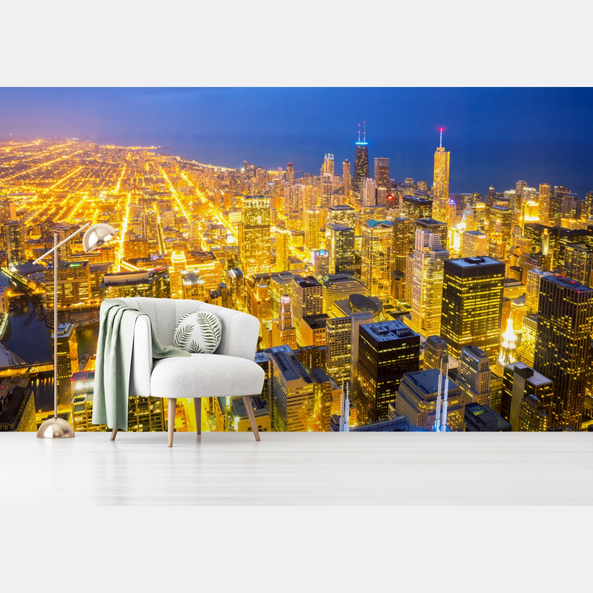 Fototapete luftaufnahme der nächtlichen skyline von Chicago – Wallnifity®