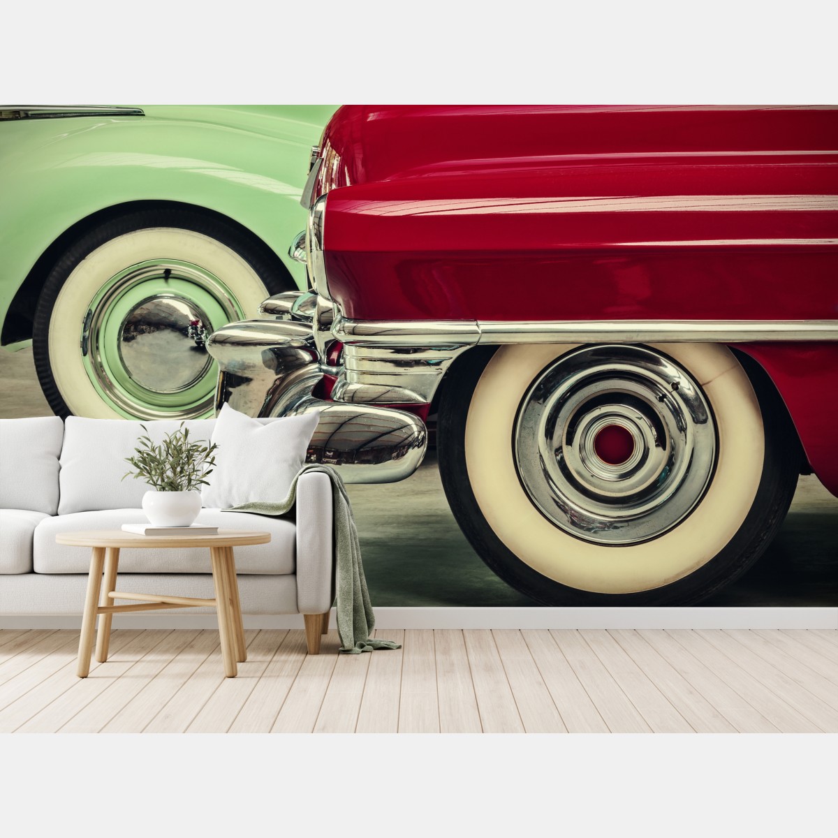 Fototapete nahaufnahme klassischer autos in rot und mint – Wallnifity®