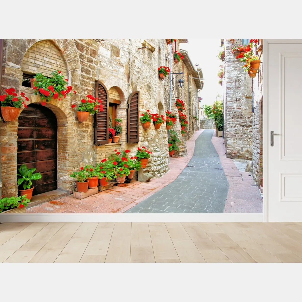 Fototapete sonnige steingasse mit roten geranien – Wallnifity®