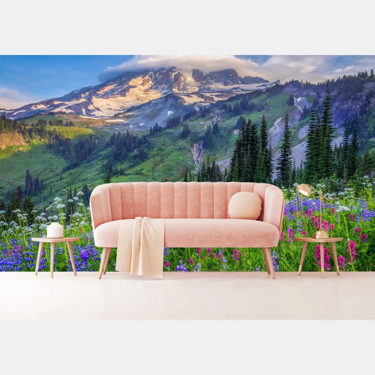 Fototapete alpine blumenwiese vor schneebedeckten bergen – Wallnifity®