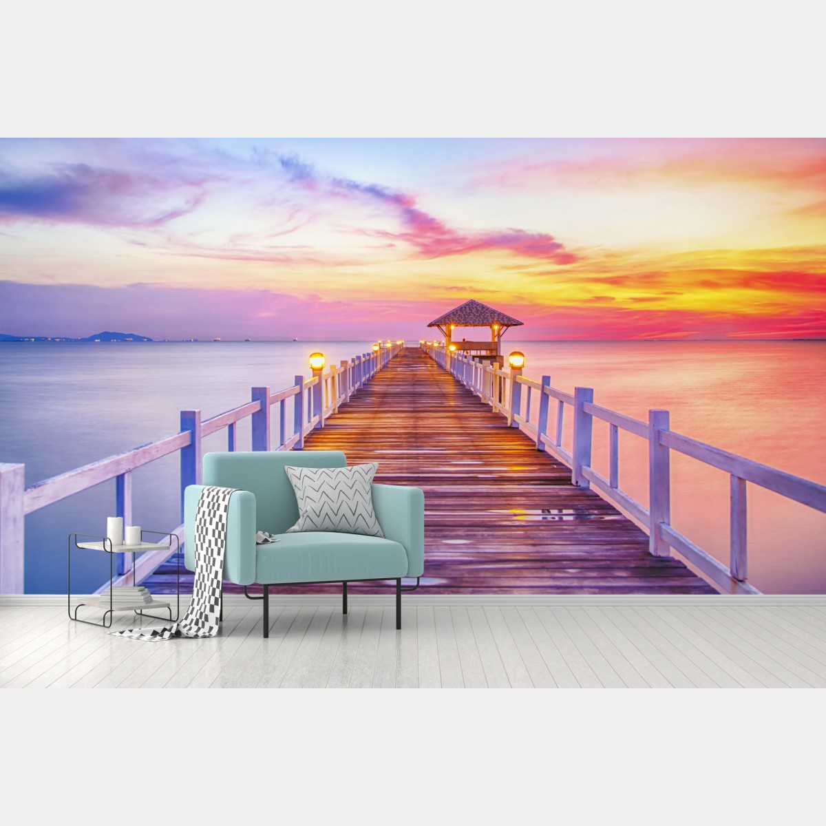 Fototapete sonnenuntergang am steg zum ruhigen horizont – Wallnifity®