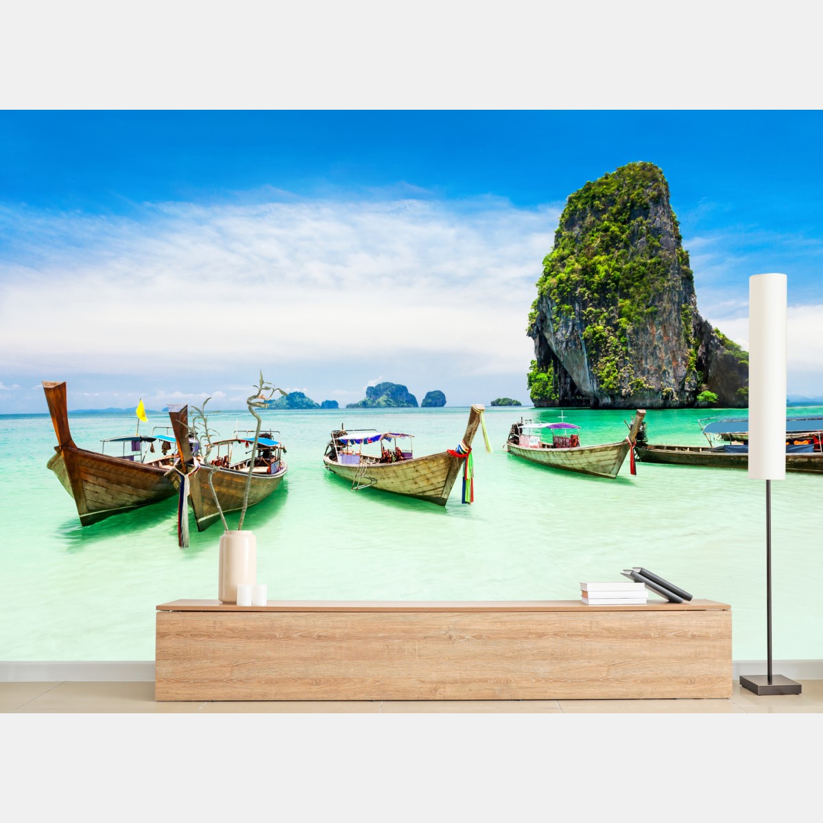 Fototapete tropische longtail-boote am türkisfarbenen strand – Wallnifity®