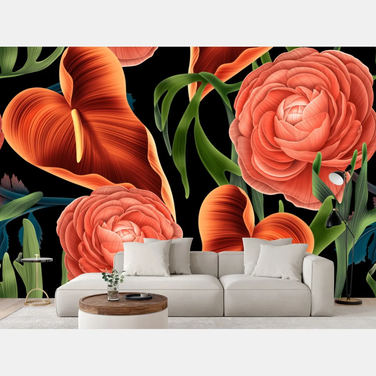 Fototapete lebhaftes korallenblumenmuster auf schwarzem hintergrund – Wallnifity®