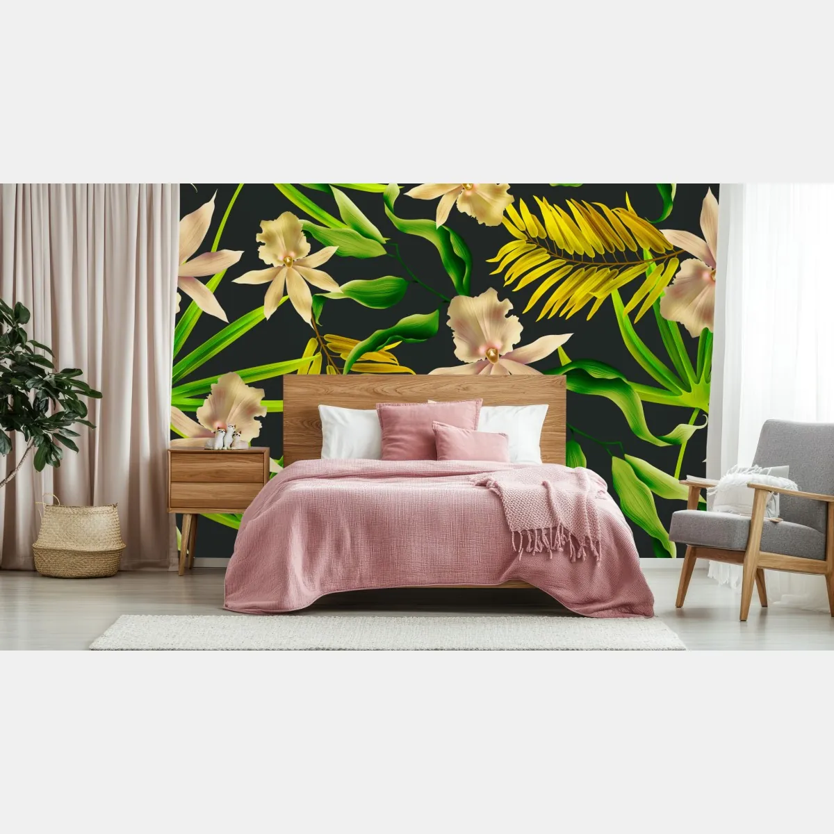 Fototapete tropisches orchideenmuster auf dunklem hintergrund – Wallnifity®