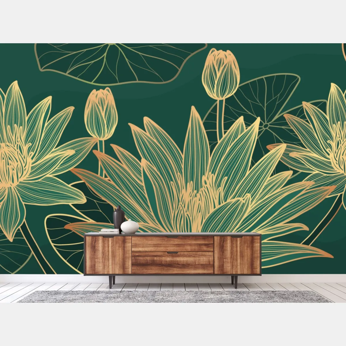 Fototapete goldene lotosblüten auf grünem hintergrund – Wallnifity®