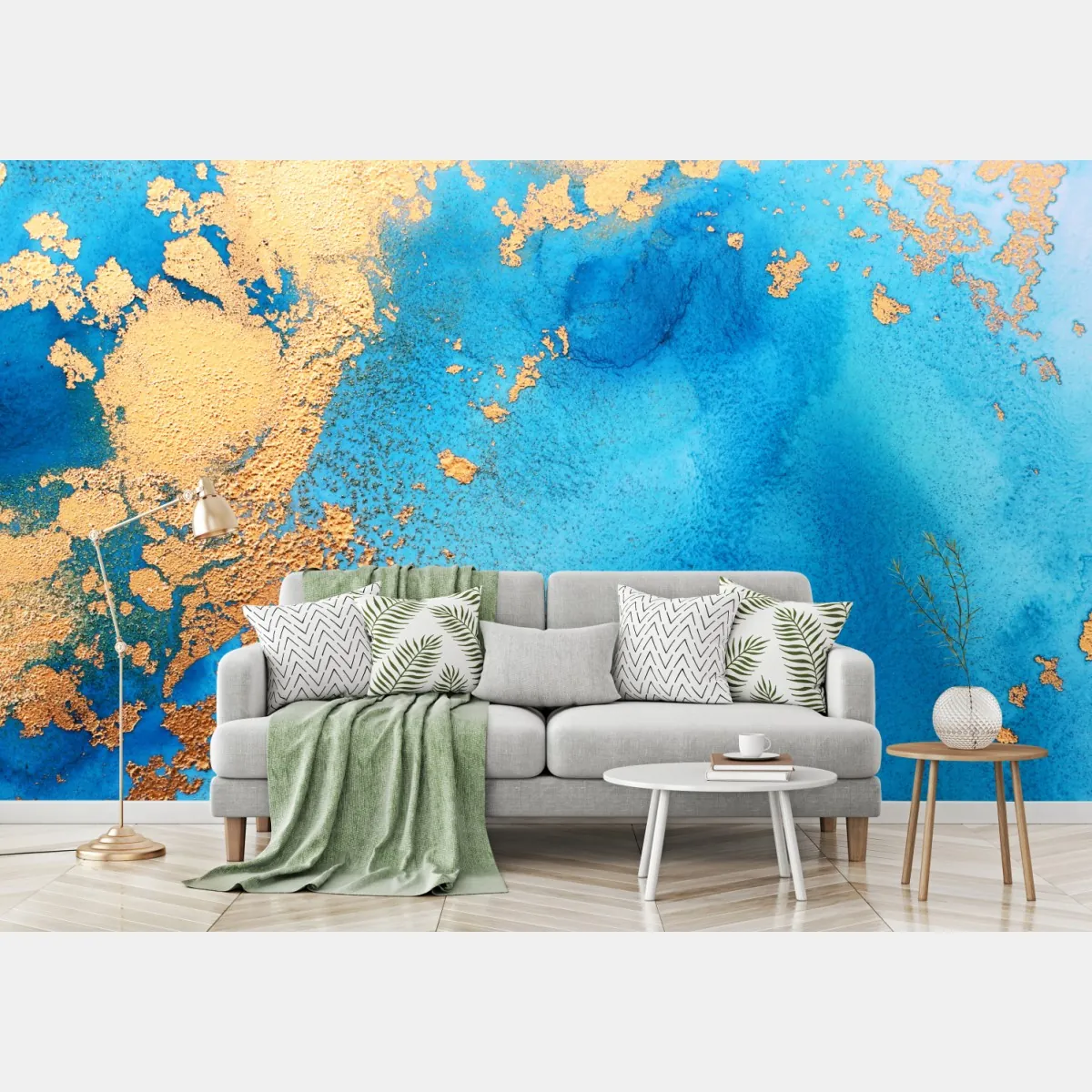 Fototapete blau-gold abstrakte ozeantextur – Wallnifity®