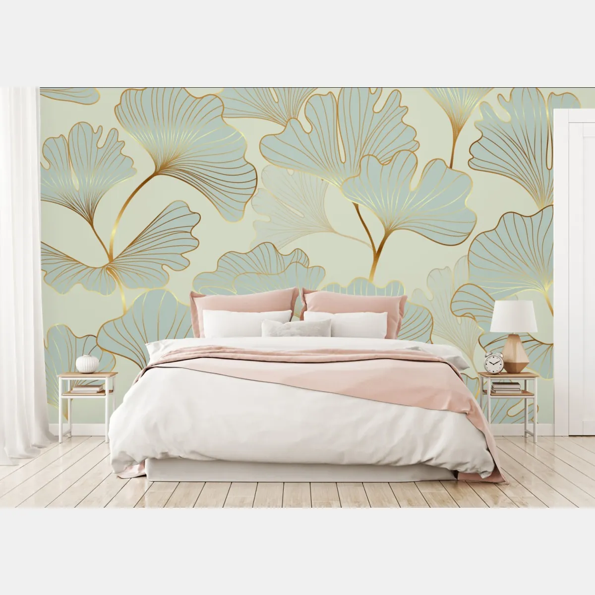 Fototapete pastell ginkgo blättermuster mit goldakzenten – Wallnifity®