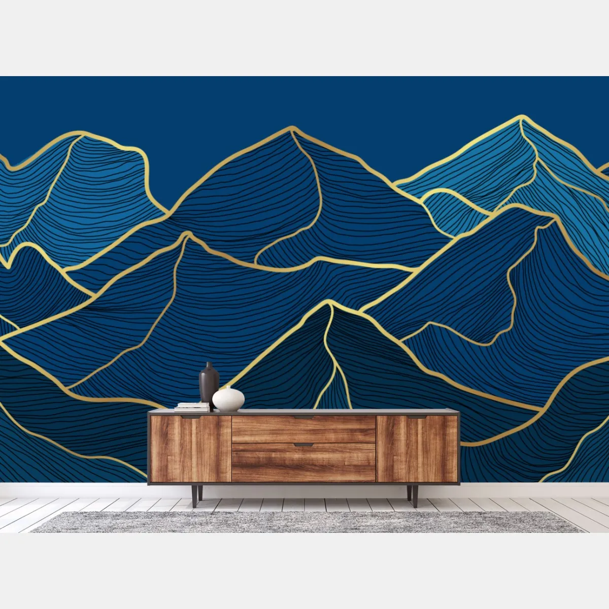 Fototapete goldene linien berglandschaft auf dunkelblauem hintergrund – Wallnifity®