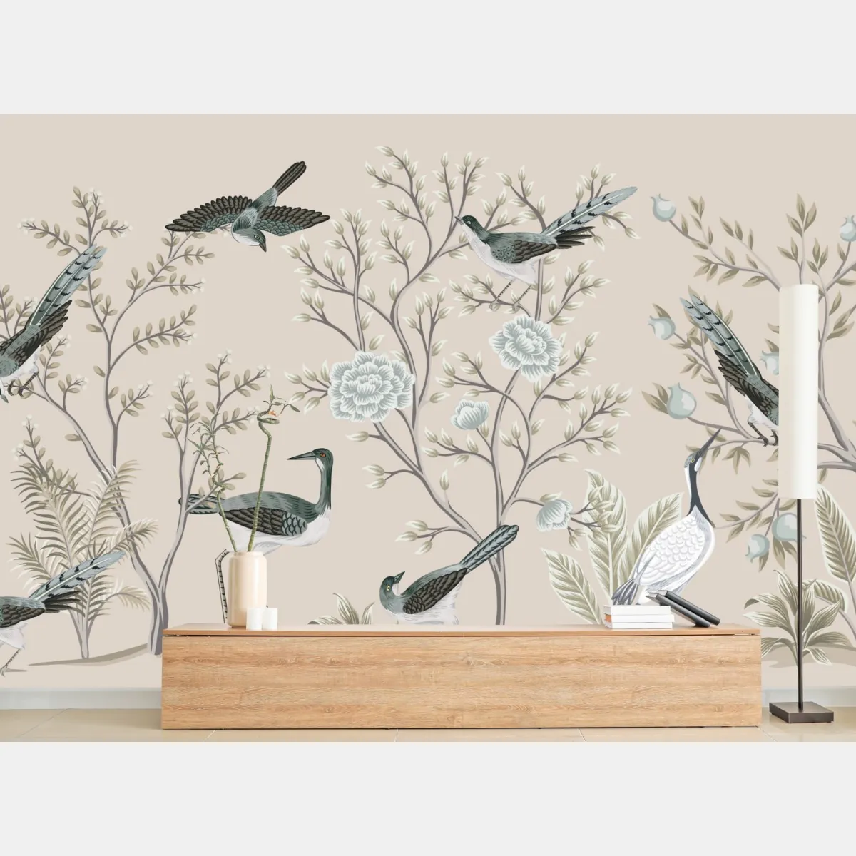 Fototapete elegante vögel und blühende zweige – Wallnifity®