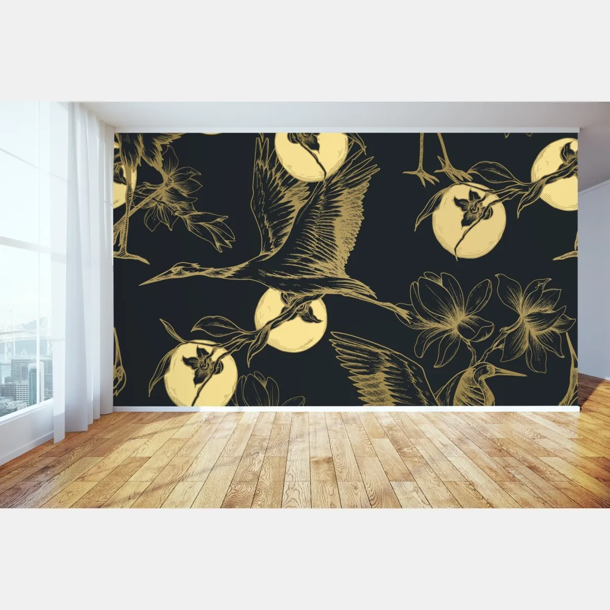 Fototapete goldene kraniche und mondmuster – Wallnifity®