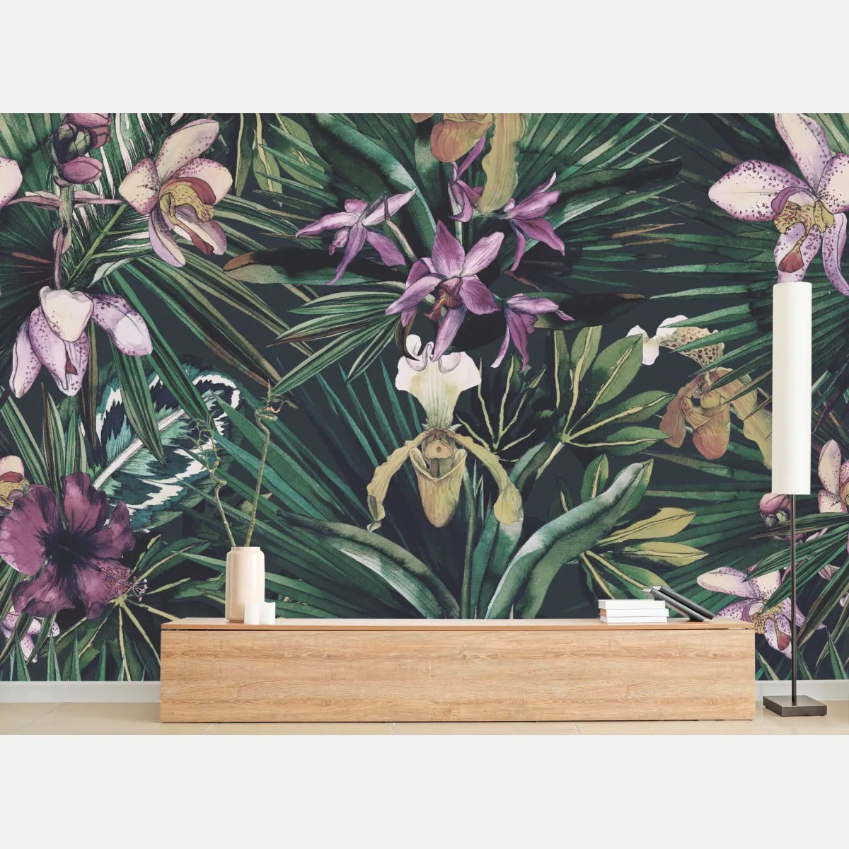 Fototapete tropische orchideen in aquarell und palmblättern – Wallnifity®