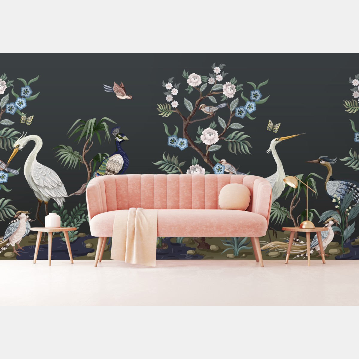 Fototapete pfau und reiher im blumenmuster – Wallnifity®