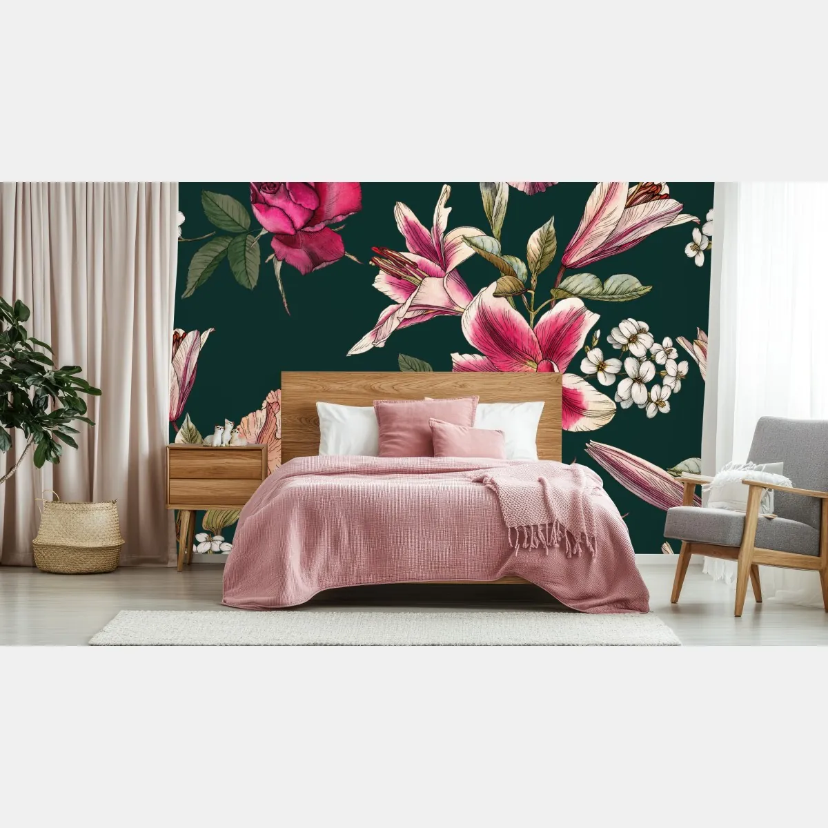 Fototapete vintage botanisches floralmuster auf tiefgrün – Wallnifity®