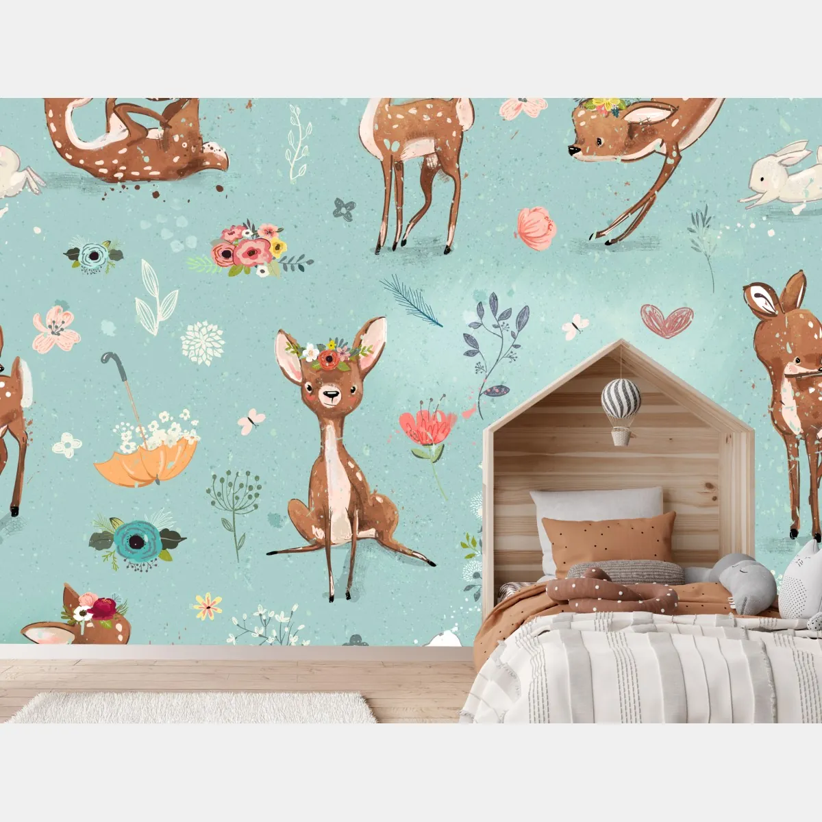 Fototapete pastellmuster mit rehkitzen und hasen – Wallnifity®