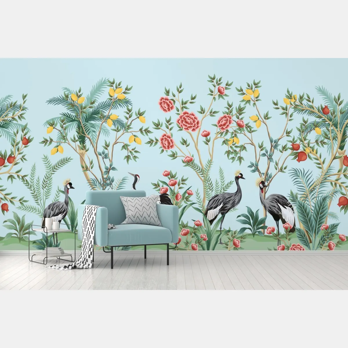 Fototapete eleganter kranichgarten mit blüten – Wallnifity®