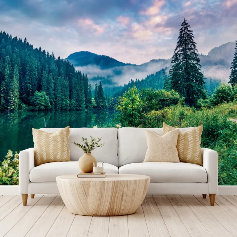 Fototapete nebliger sonnenaufgang über Lacu Rosu – Wallnifity® Fototapete nebliger sonnenaufgang über Lacu Rosu – Wallnifity®