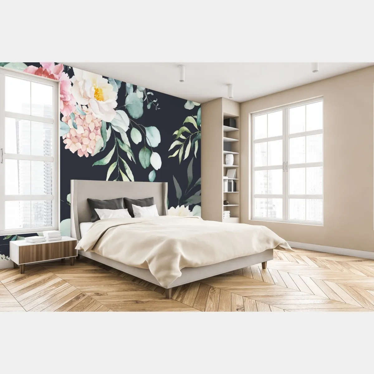 Fototapete elegantes aquarell-blumenmuster auf dunklem hintergrund – Wallnifity®