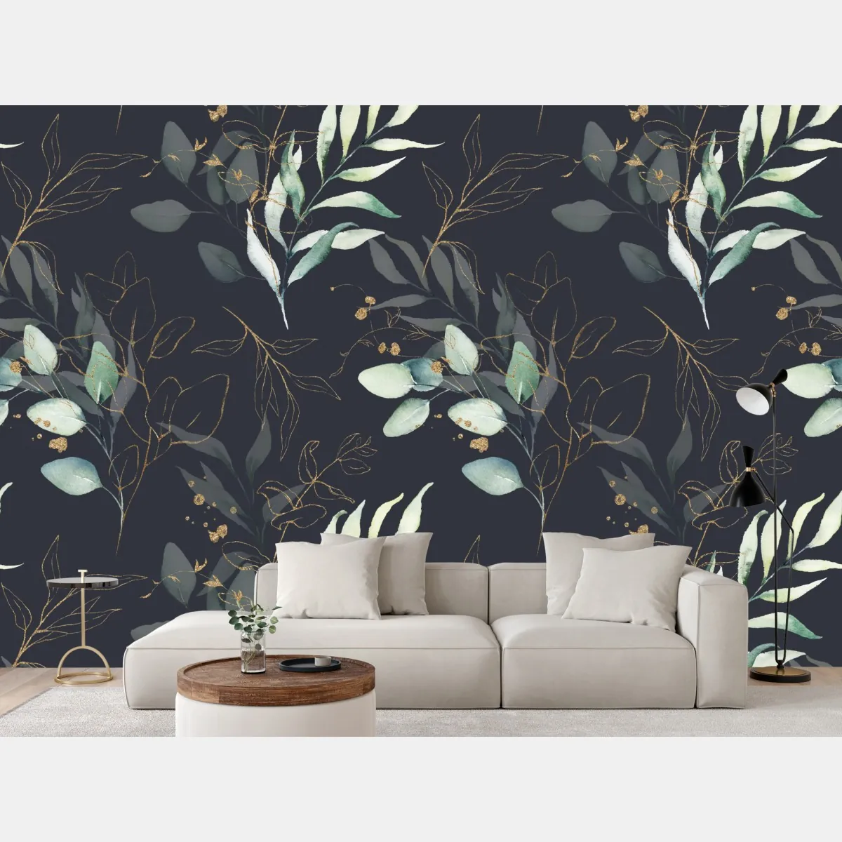 Fototapete aquarell eukalyptusblätter auf dunklem hintergrund – Wallnifity®