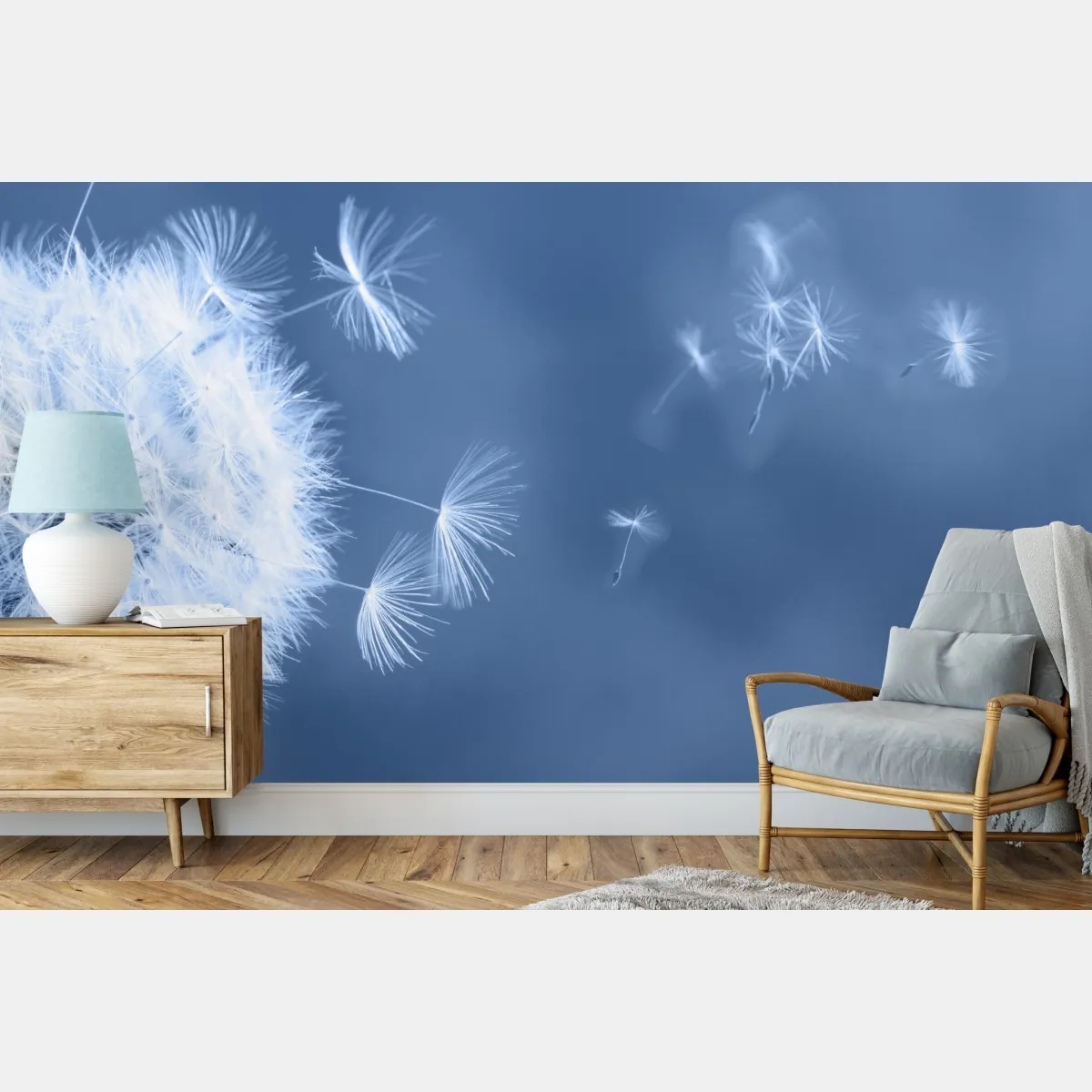 Fototapete zarte löwenzahnsamen in blau – Wallnifity®