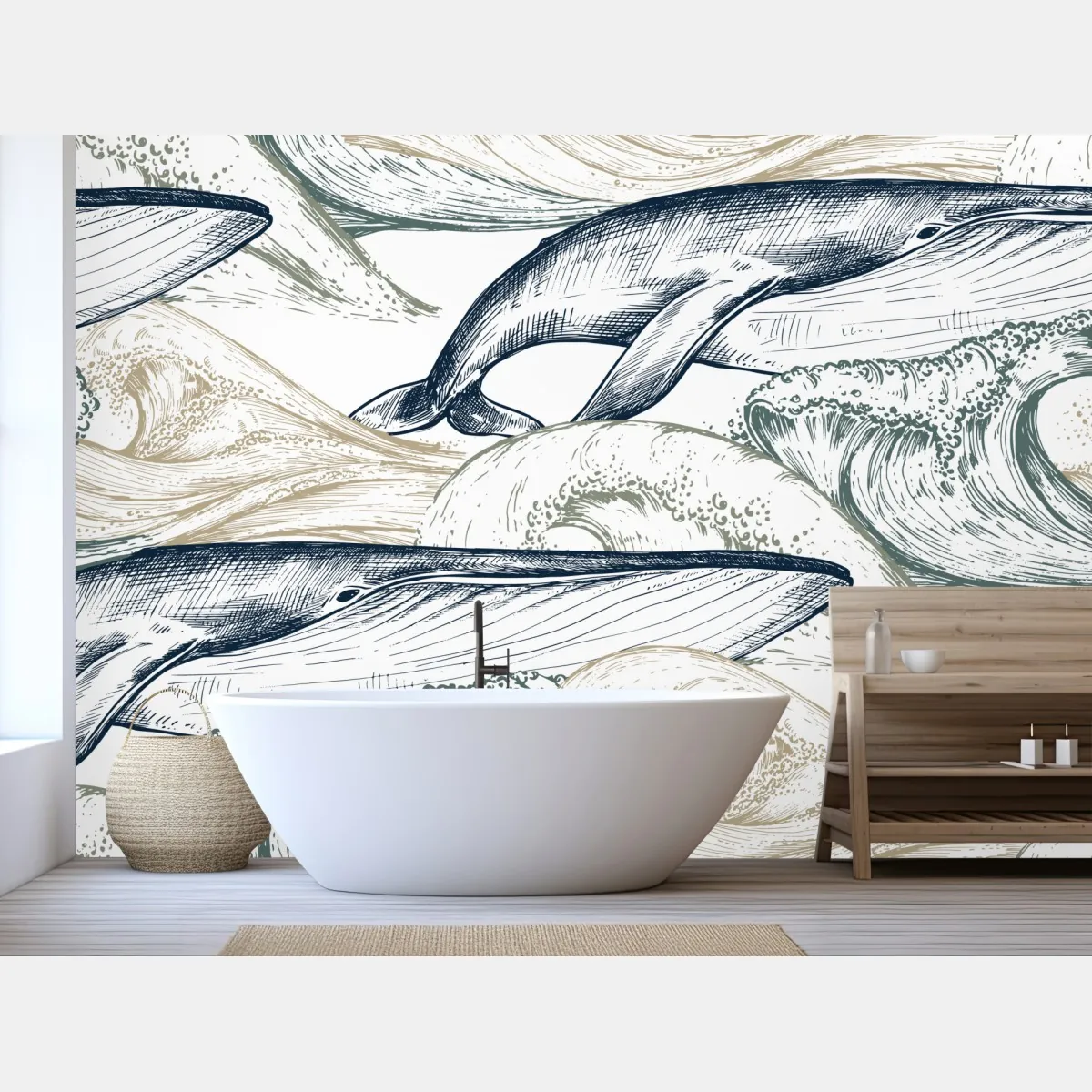 Fototapete handgezeichnete wale und ozeanwellen – Wallnifity® Fototapete handgezeichnete wale und ozeanwellen – Wallnifity®