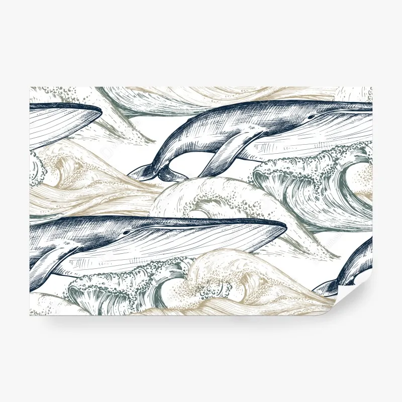 Fototapete handgezeichnete wale und ozeanwellen – Wallnifity® Fototapete handgezeichnete wale und ozeanwellen – Wallnifity®