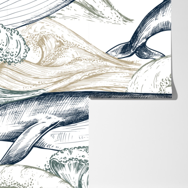 Fototapete handgezeichnete wale und ozeanwellen – Wallnifity® Fototapete handgezeichnete wale und ozeanwellen – Wallnifity®