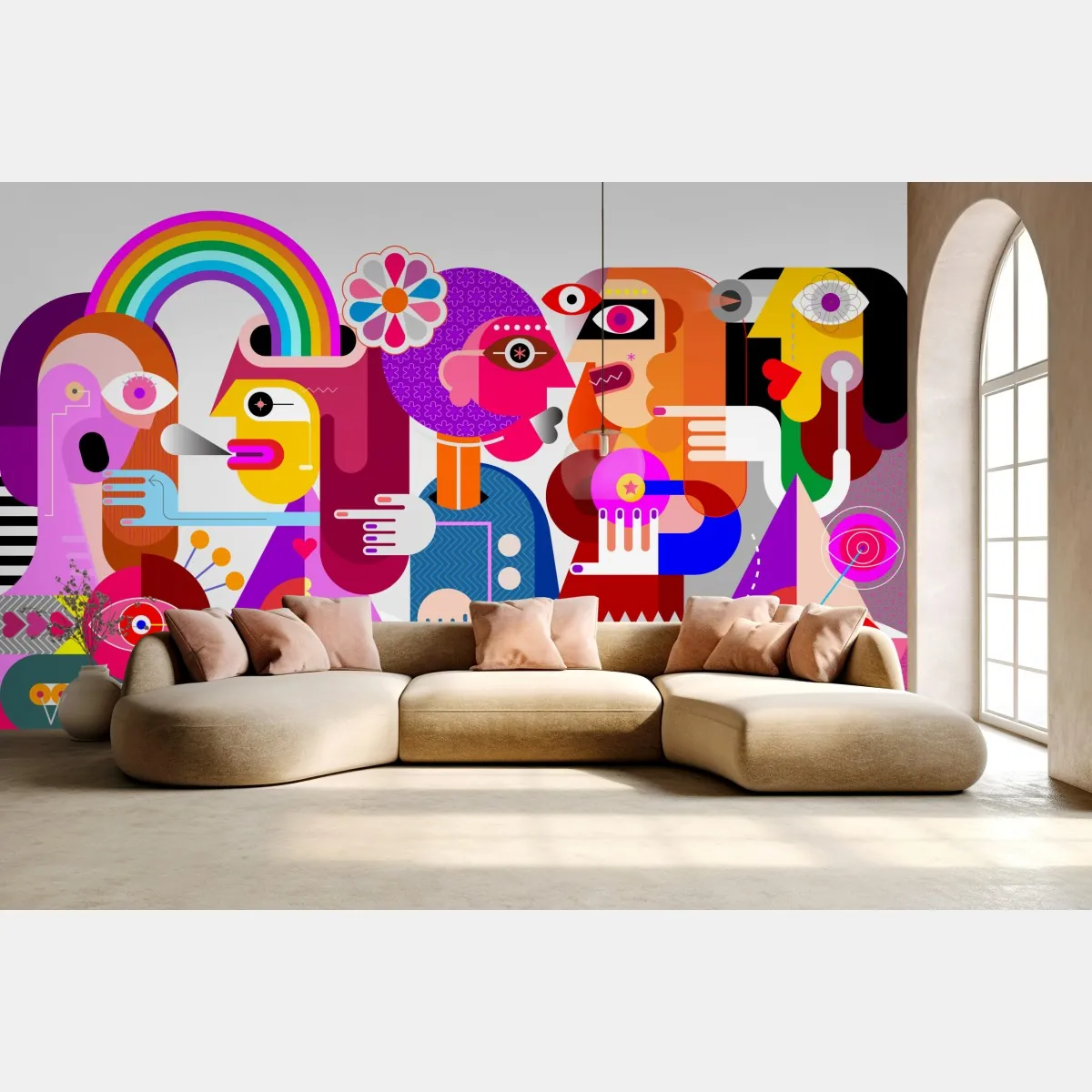 Fototapete mann mit regenbogen reitet geometrischen vogel – Wallnifity®