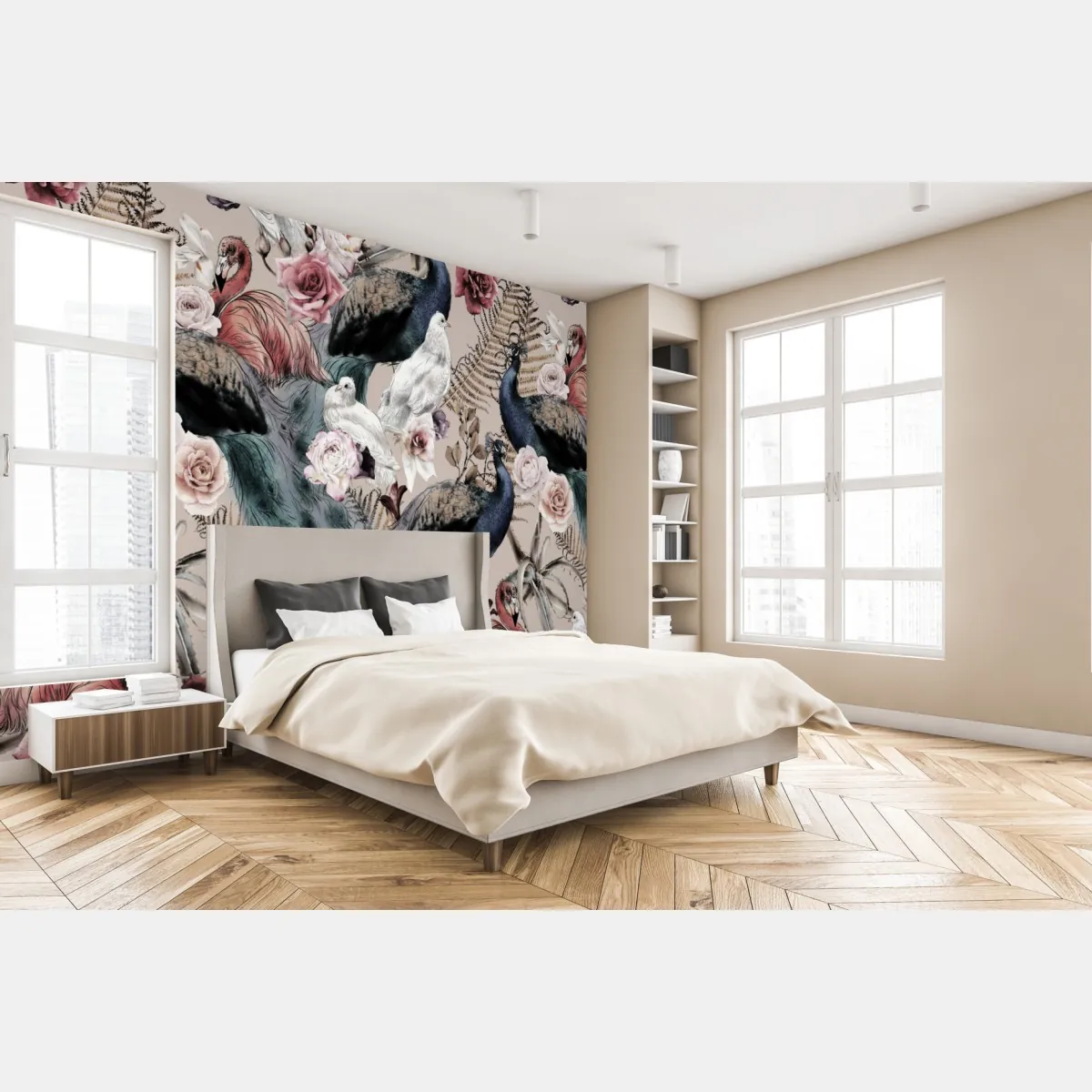 Fototapete aquarellmuster mit vögeln und rosen – Wallnifity®