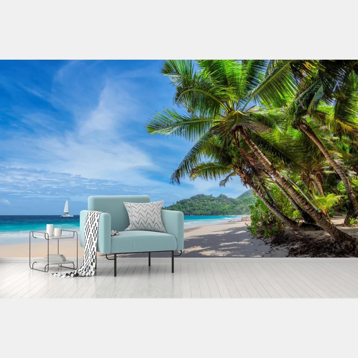 Fototapete tropischer strand mit palmen und segelboot – Wallnifity®