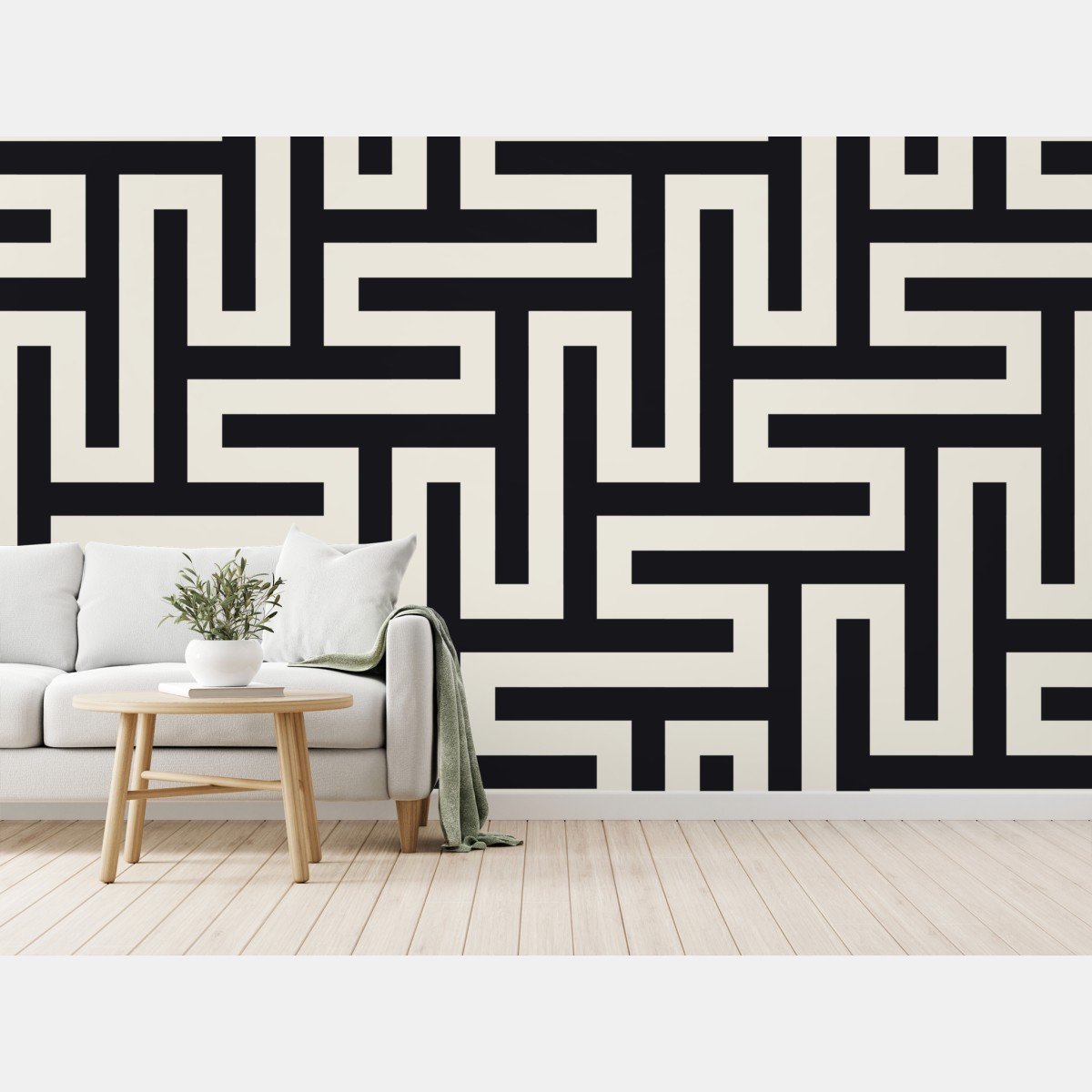Fototapete geometrisches labyrinthmuster in beige und schwarz – Wallnifity®