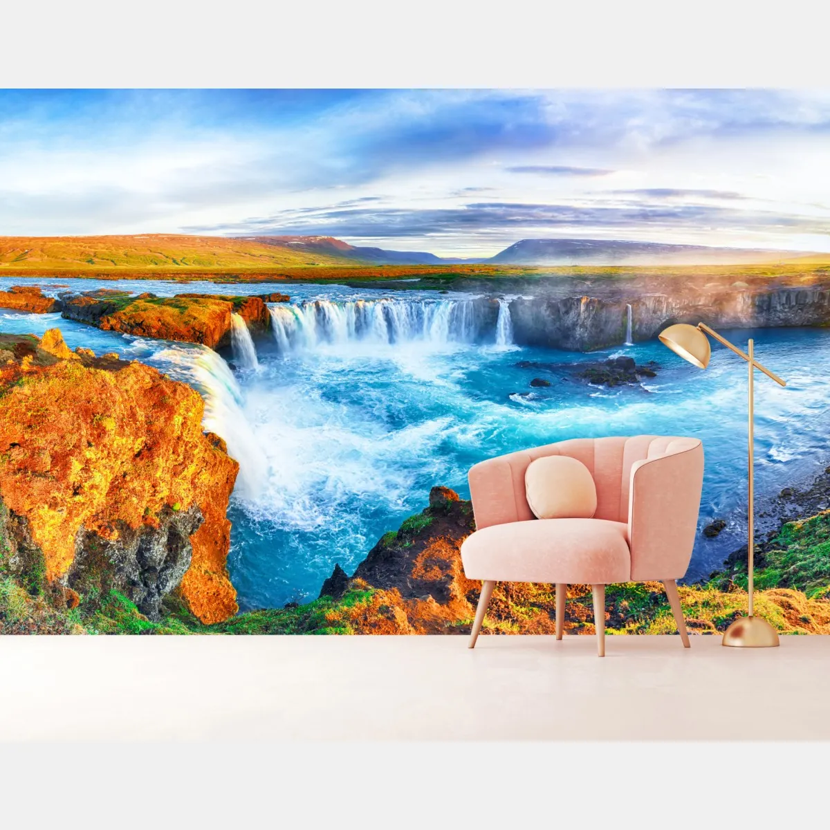 Fototapete panorama des wasserfalls Godafoss bei sonnenaufgang – Wallnifity®