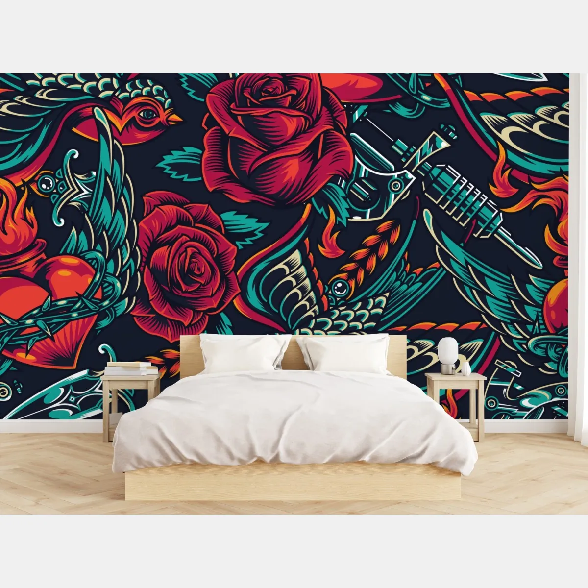 Fototapete kräftiges tätowierungsmuster mit rosen – Wallnifity®
