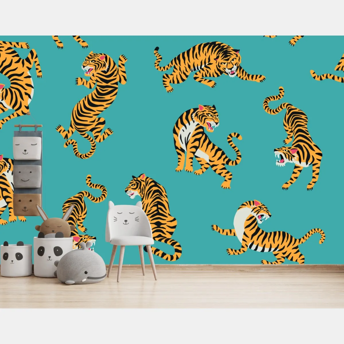 Fototapete stilisiertes tigermuster auf türkisfarbenem hintergrund – Wallnifity®